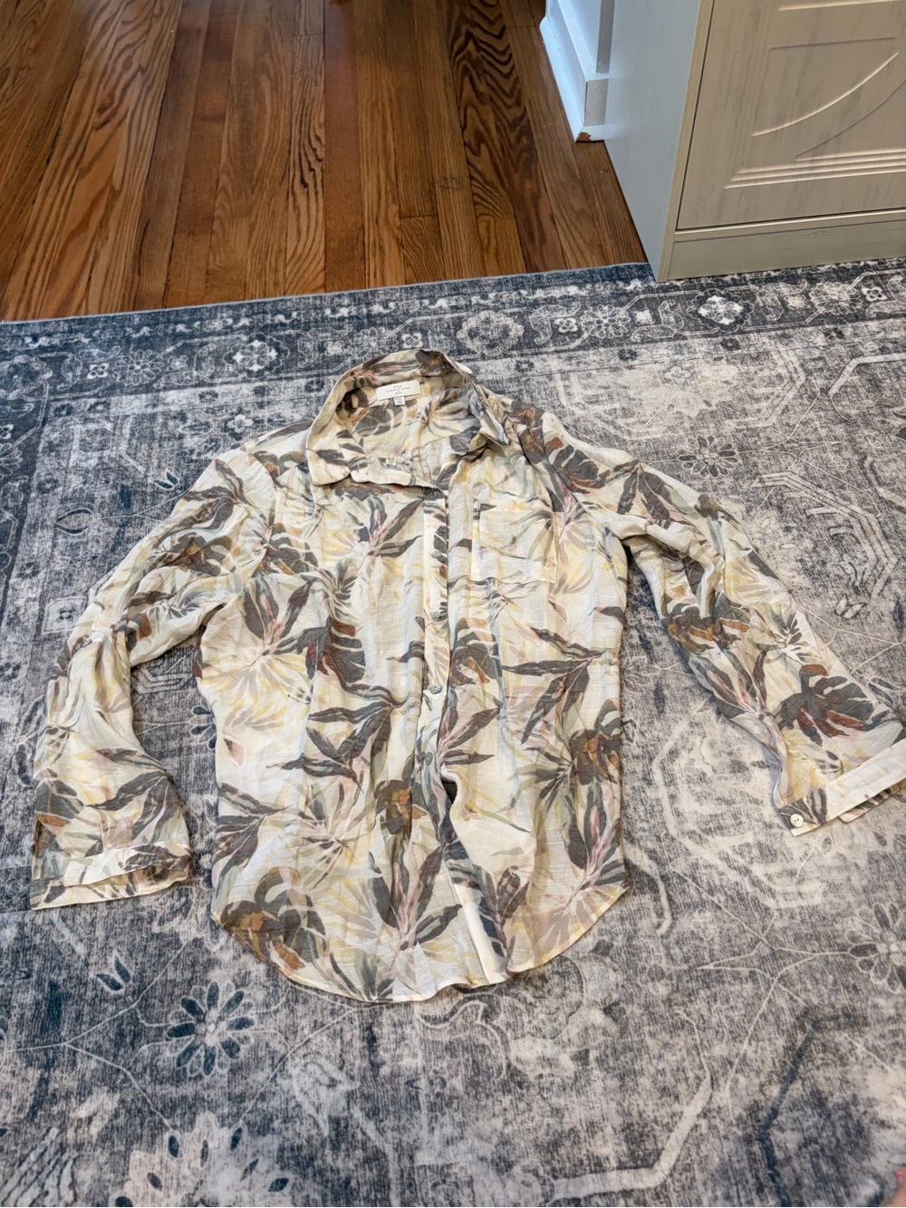 new directions Button-Down Shirt in Cream with Brown & Green Leaf Print